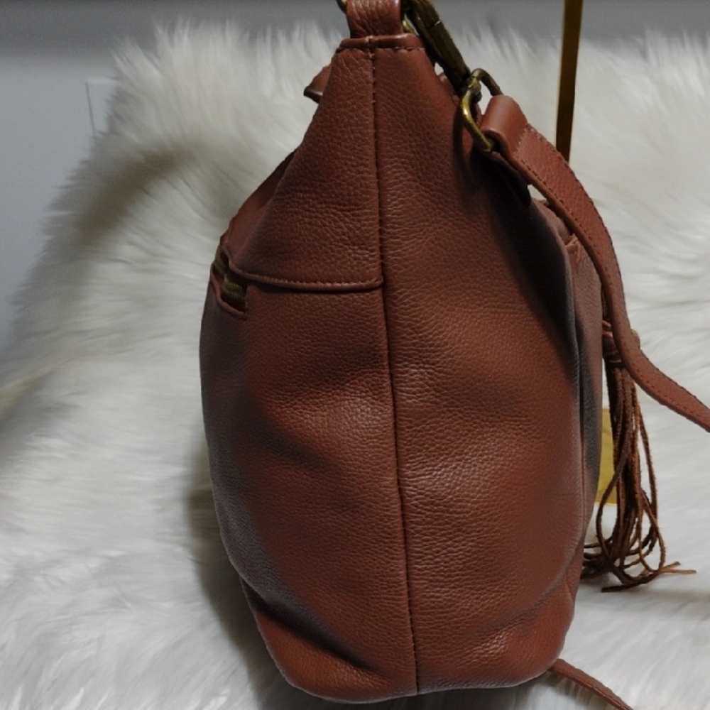 SALE! Lucky Brand Carmen Brown Leather Tassel Hobo/Bucket Shoulder Bag - Picture 8 of 15